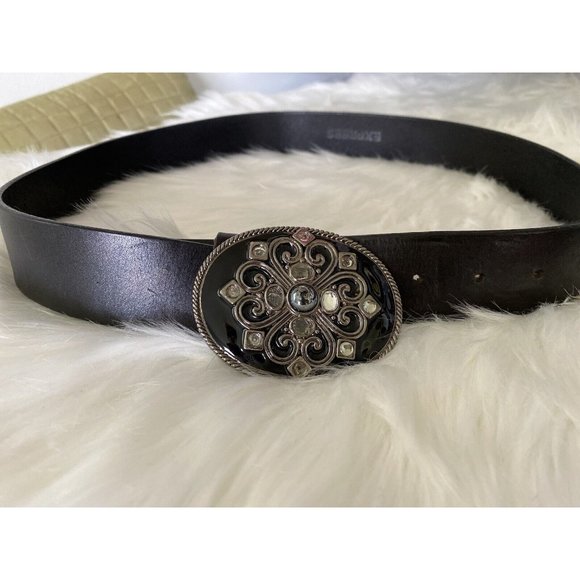 Vintage Express‎ Wide Black Leather Belt Large Buckle Enamel Rhinestones Medium - Picture 1 of 12